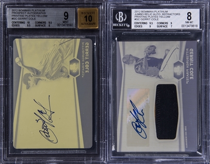 2012 Bowman Platinum "Printing Plates Yellow" #GC Gerrit Cole Signed Rookie Cards "#1/1" Pair (2 Different) - BGS MINT 9 and BGS NM-MT 8